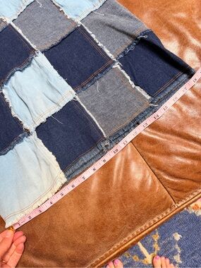 Vintage MONTEAU Denim Patchwork Set Y2K Maxi Skirt & Suede Lace-Up Tube Top Sz L